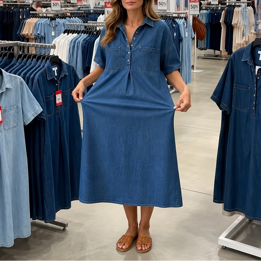 Pocketed Shirt Collar Denim Midi Dress