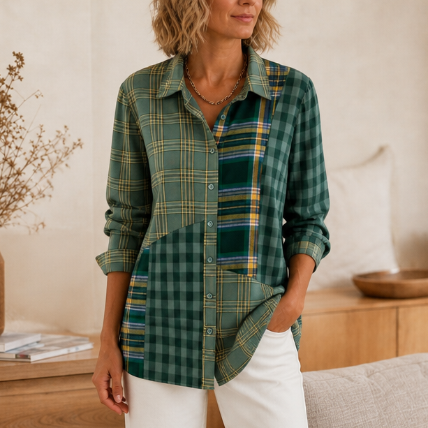 Color-Block Patchwork Plaid Button-Up Shirt