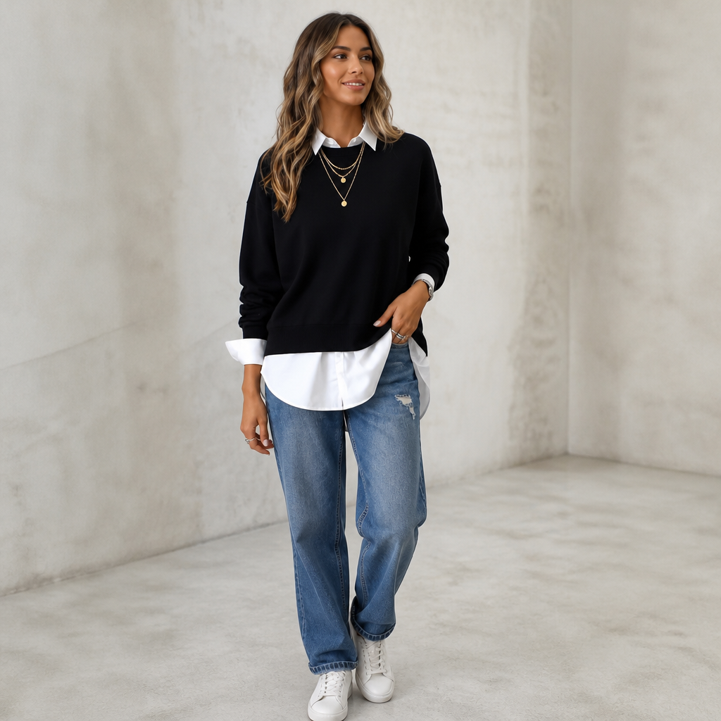 Layered Mock Shirt Collar Crewneck Sweatshirt