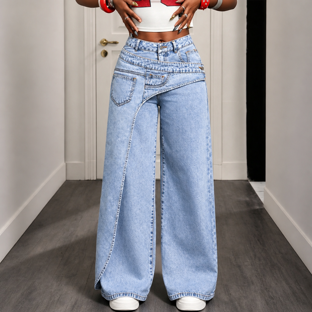Asymmetric Overlap Waist Wide-Leg Jeans