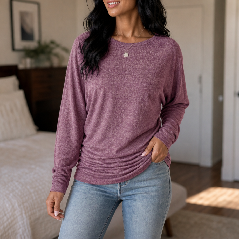 Side-Ruched Batwing Knit Sweater