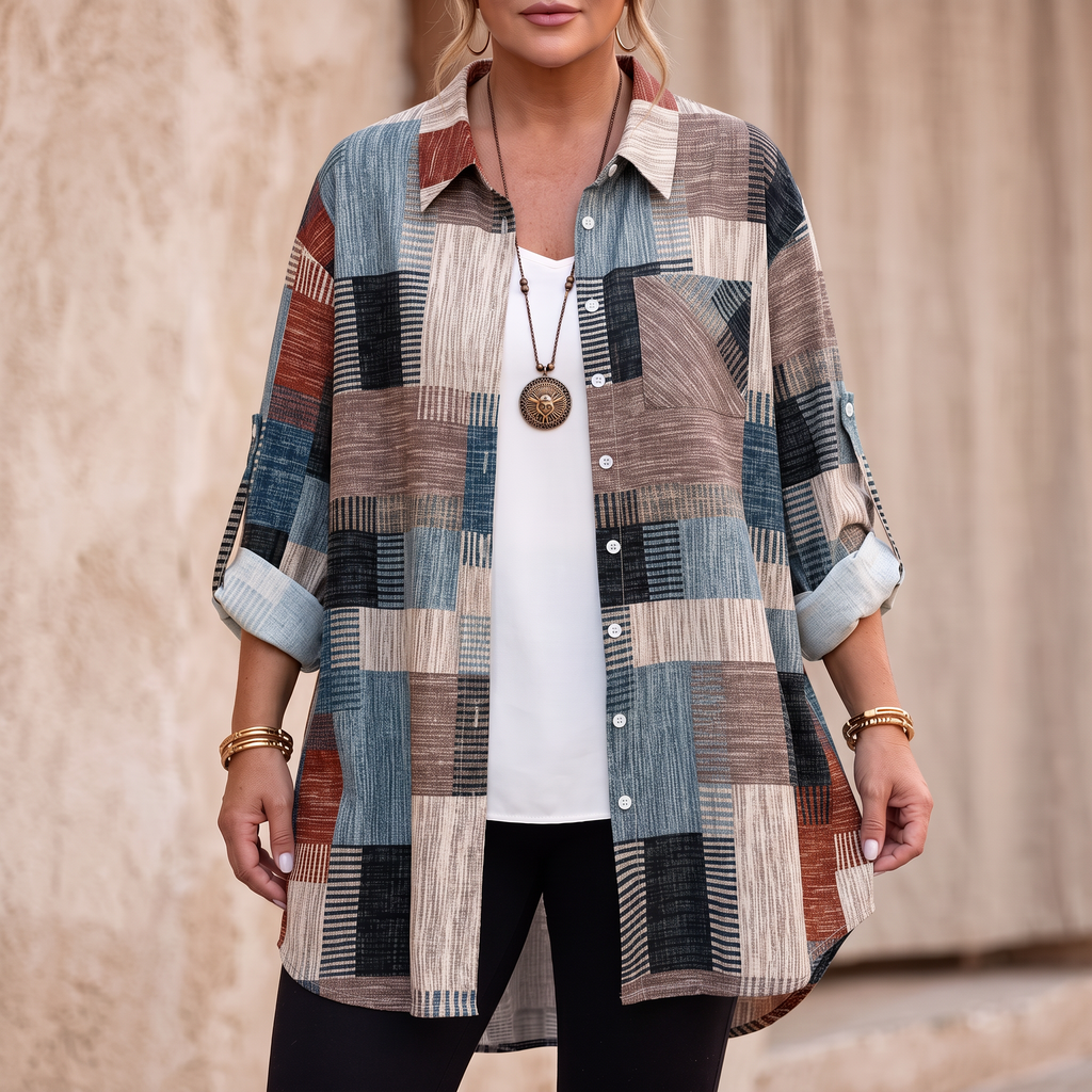 Colorful Patchwork Plaid Button-Up Shirt