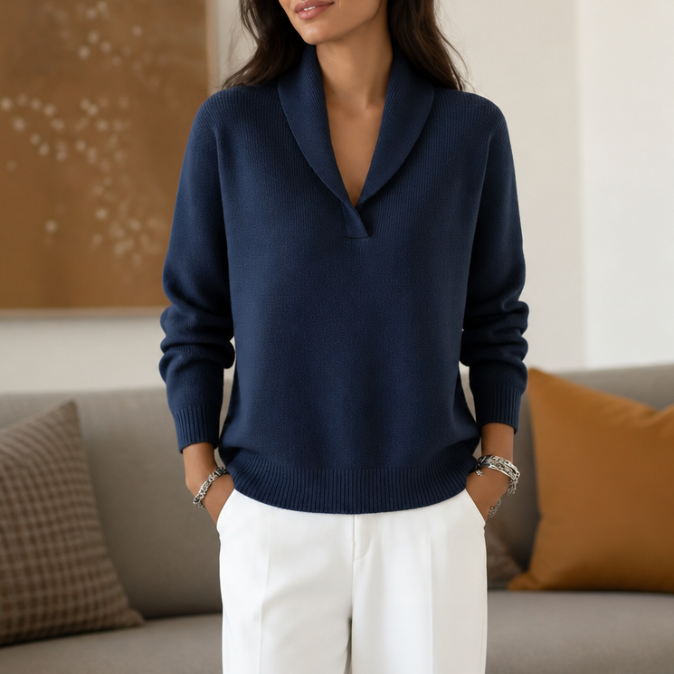 Draped Shawl-Collar V-Neck Sweater
