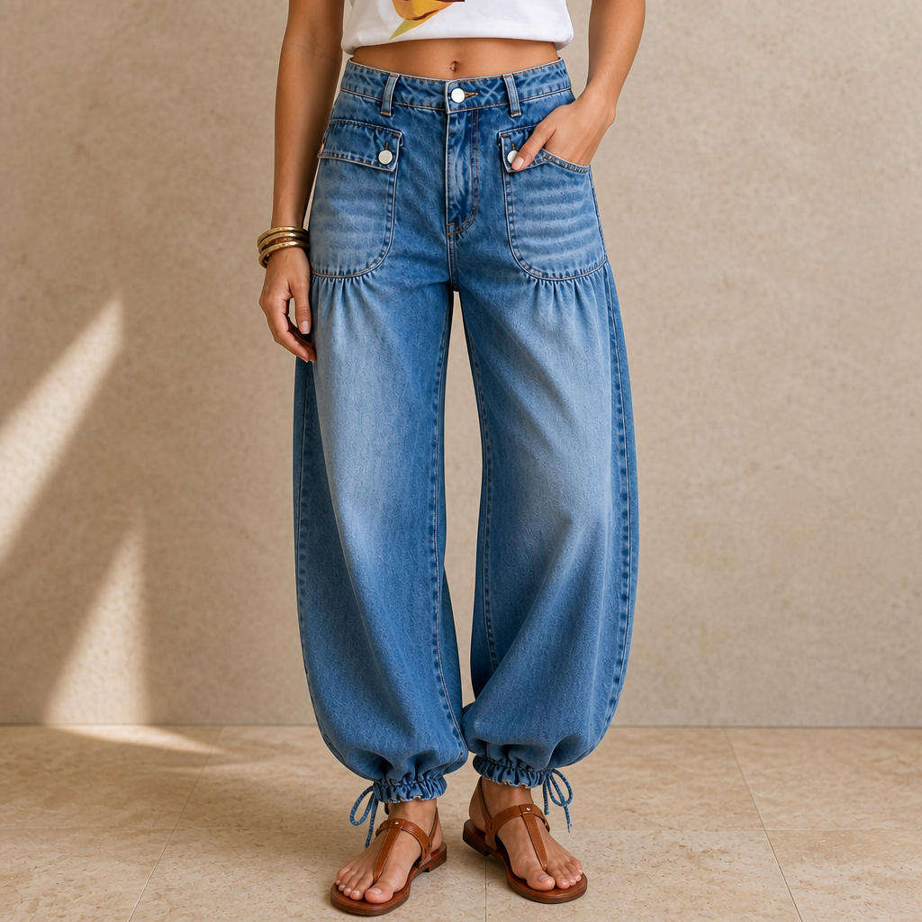 Drawstring Cuff Wide-Leg Balloon Jeans