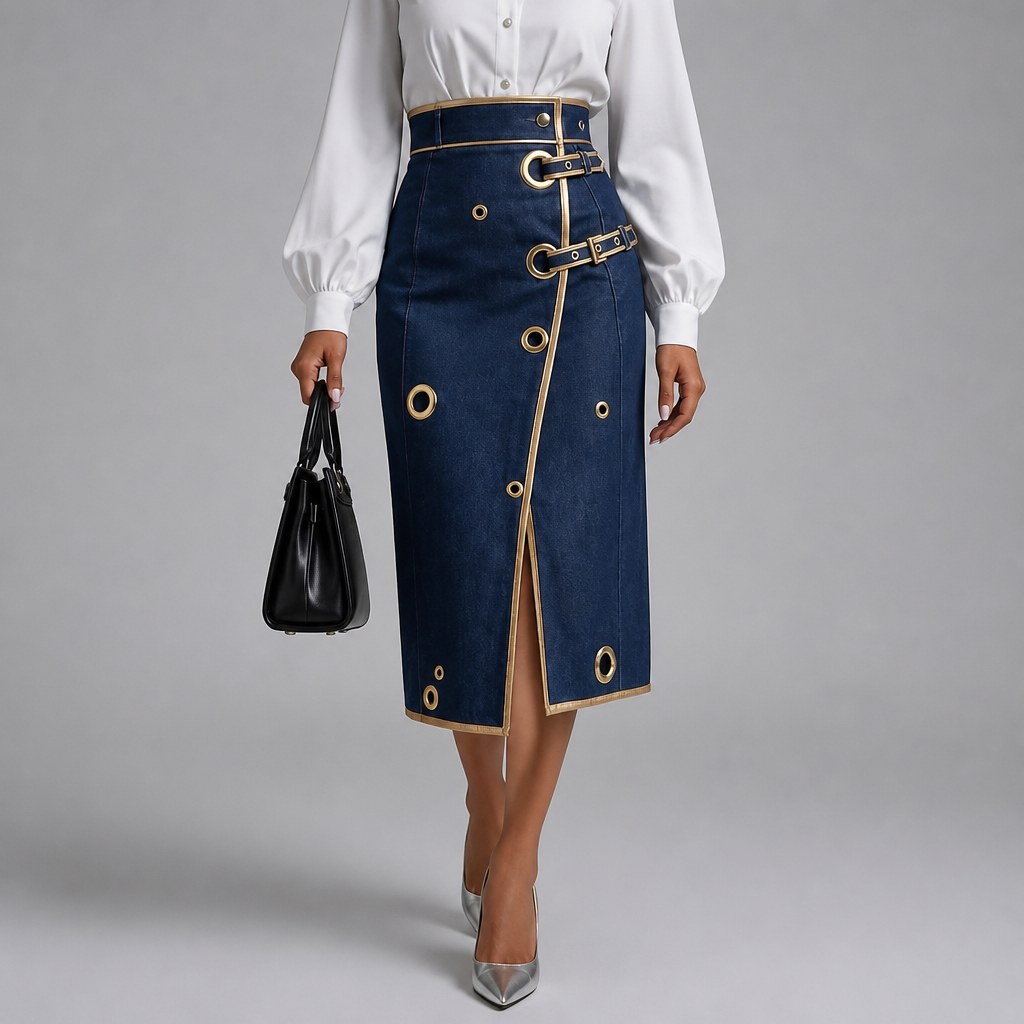 Asymmetric Wrap Denim Look Midi Skirt