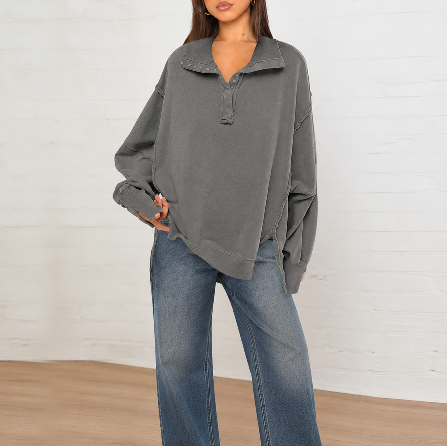 Raw-Edge Split-Cuff Oversized Pullover