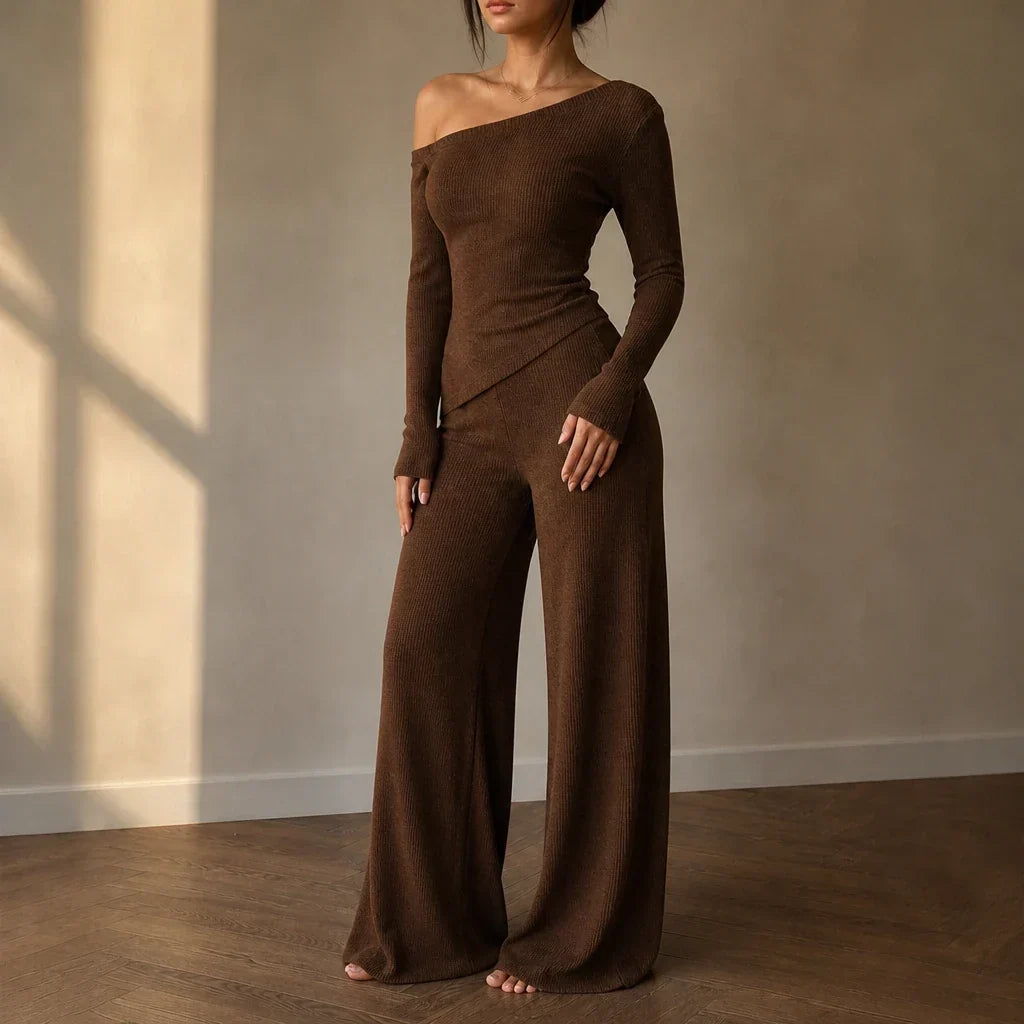 Off-Shoulder Long-Sleeve Wide-Leg Pants Set