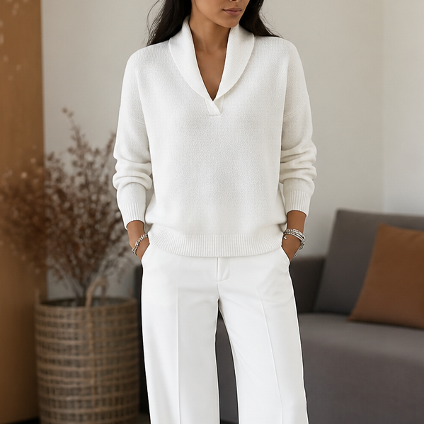 Draped Shawl-Collar V-Neck Sweater