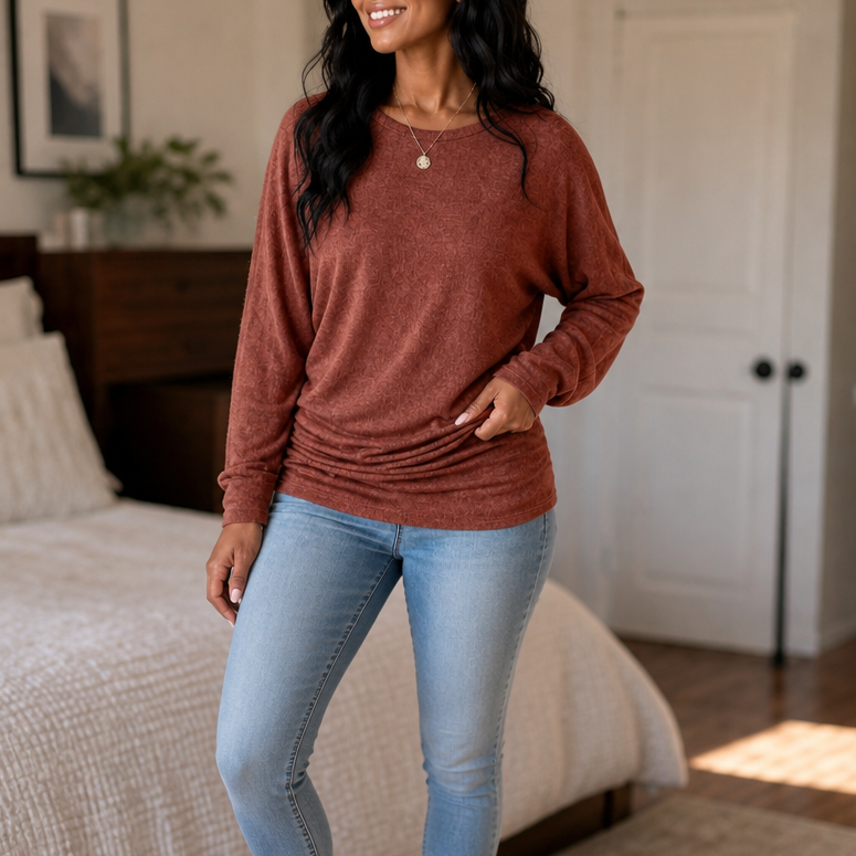 Side-Ruched Batwing Knit Sweater