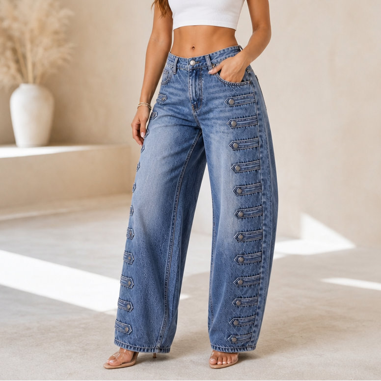 Side Buckle Wide-Leg Jeans