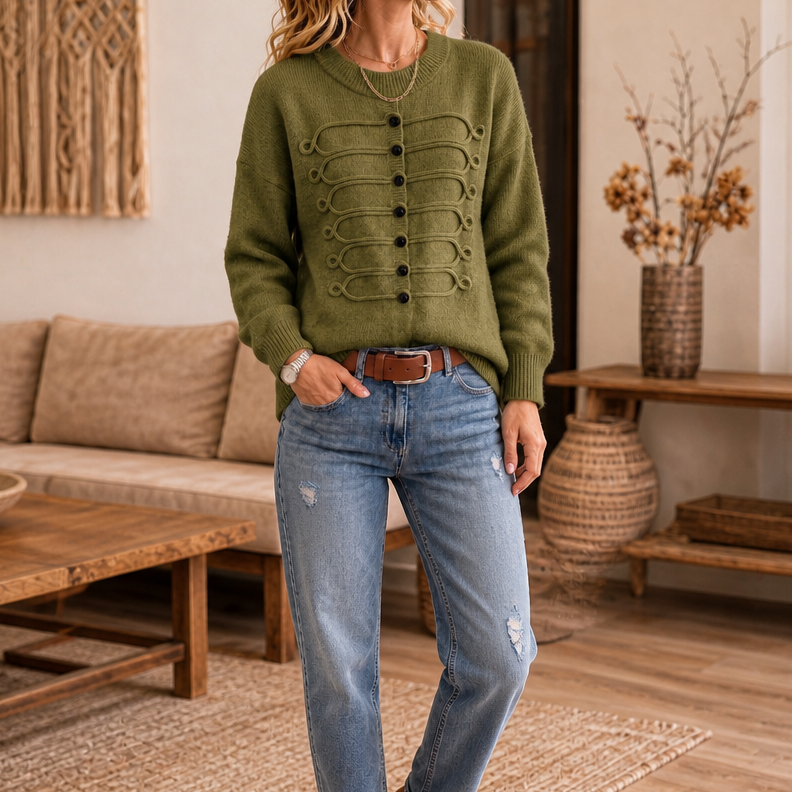 Braided Cord Button-Front Knit Sweater