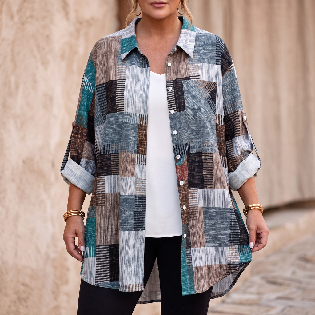 Colorful Patchwork Plaid Button-Up Shirt