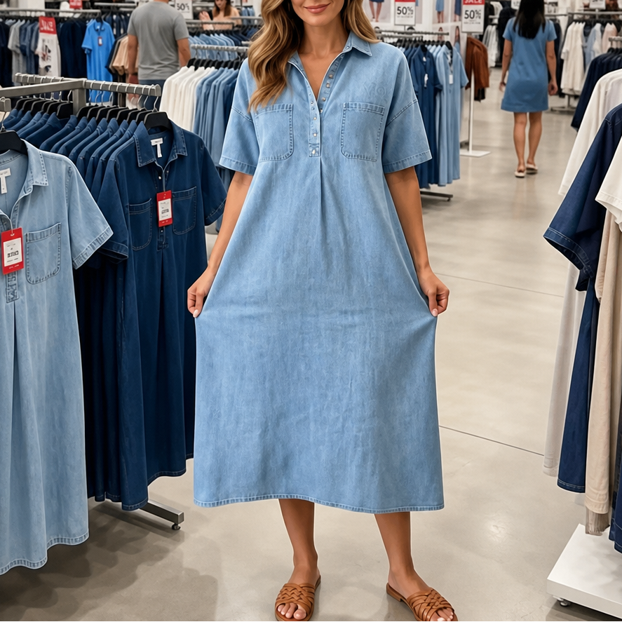 Pocketed Shirt Collar Denim Midi Dress