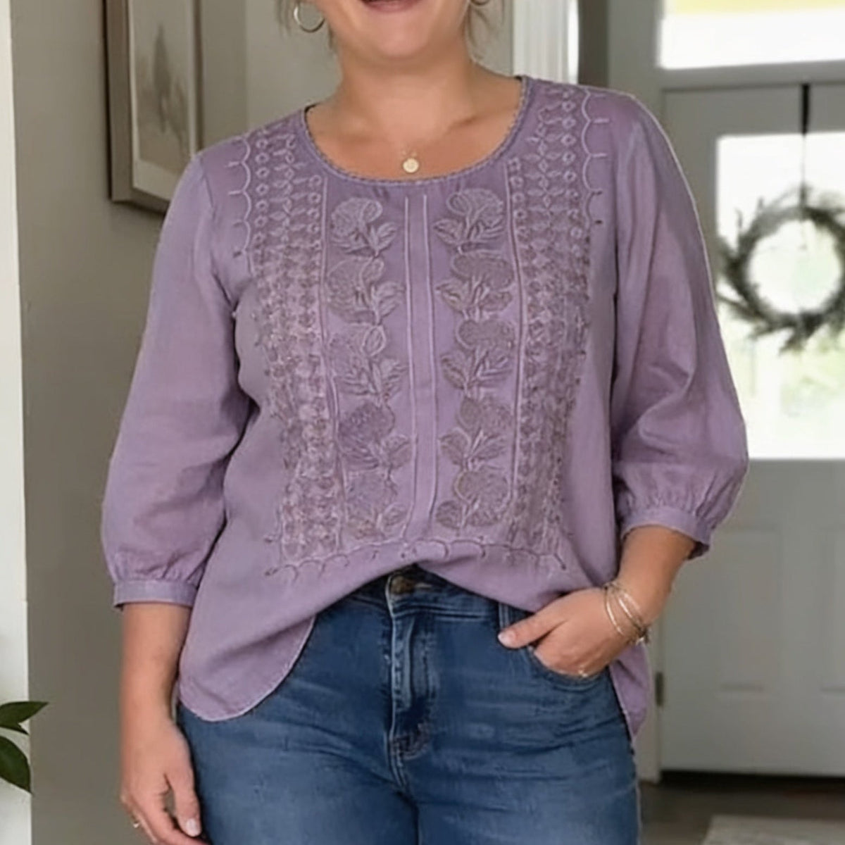 Embroidered-look Short-Sleeve Top