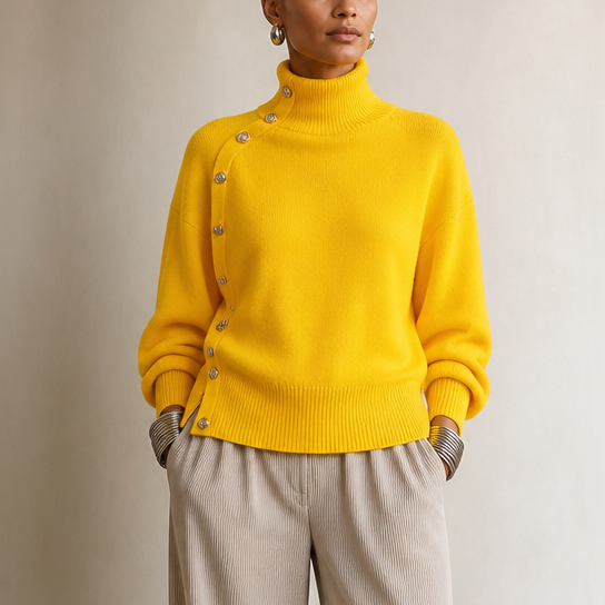 Asymmetric Gold-Tone Button Mock Neck Sweater
