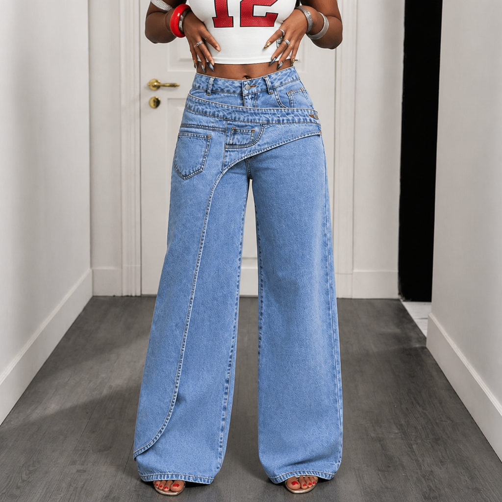 Asymmetric Overlap Waist Wide-Leg Jeans