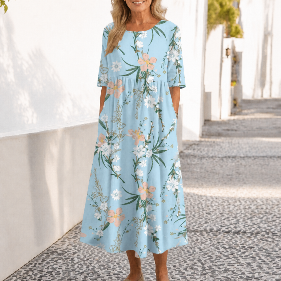 Floral Print Round-Neck Midi Dress