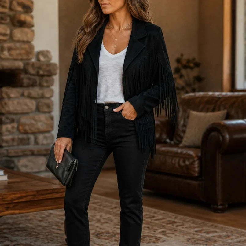 Laser-Cut Fringe Cropped Moto Jacket
