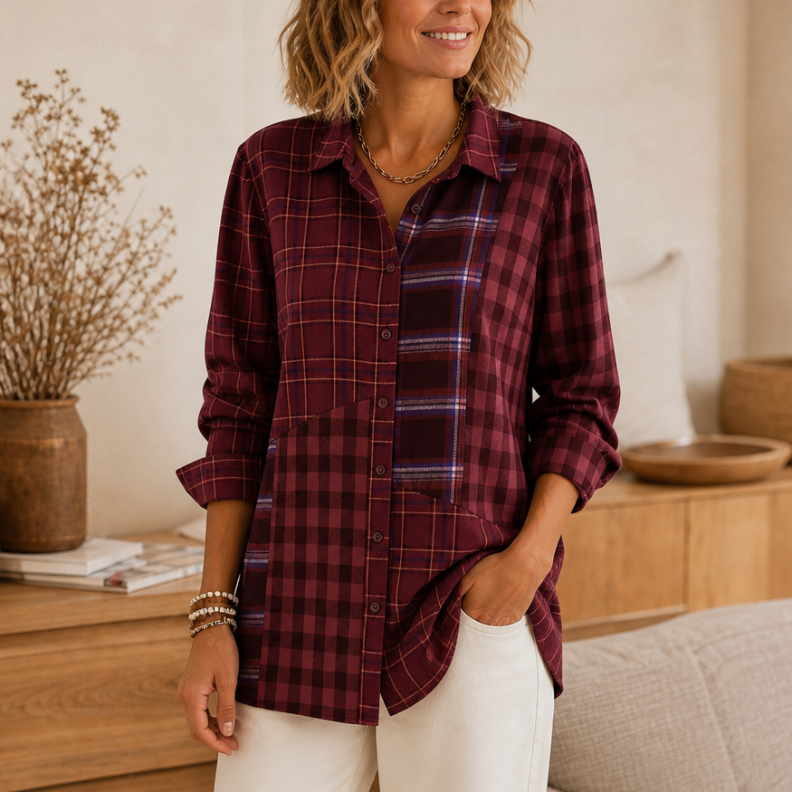 Color-Block Patchwork Plaid Button-Up Shirt