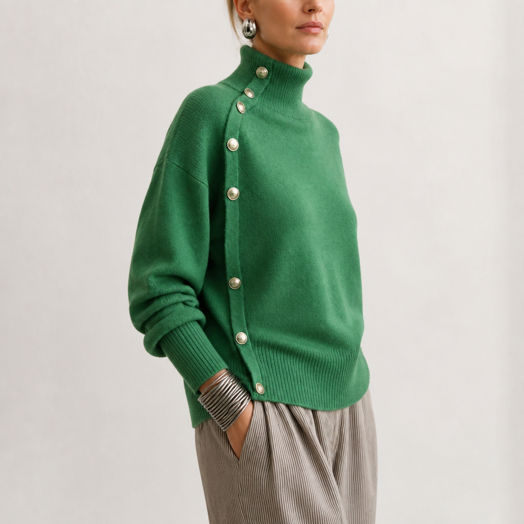 Asymmetric Gold-Tone Button Mock Neck Sweater
