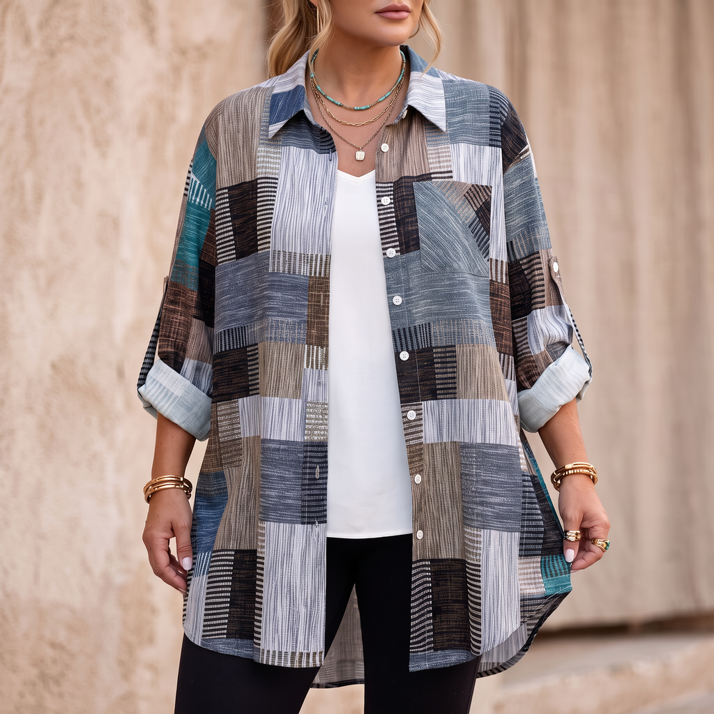 Colorful Patchwork Plaid Button-Up Shirt