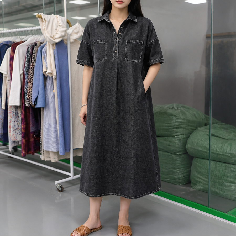 Pocketed Shirt Collar Denim Midi Dress