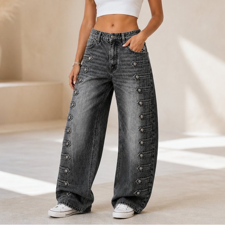 Side Buckle Wide-Leg Jeans