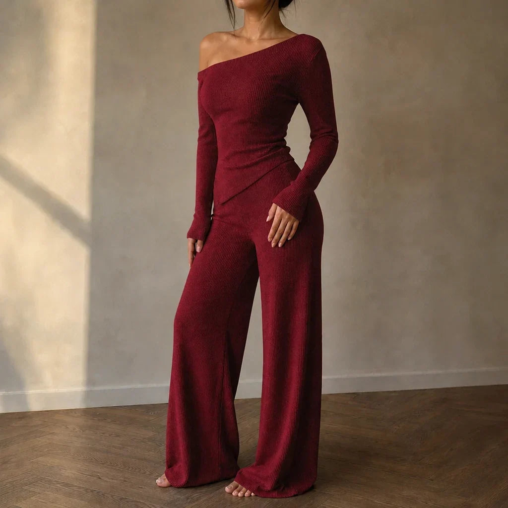 Off-Shoulder Long-Sleeve Wide-Leg Pants Set