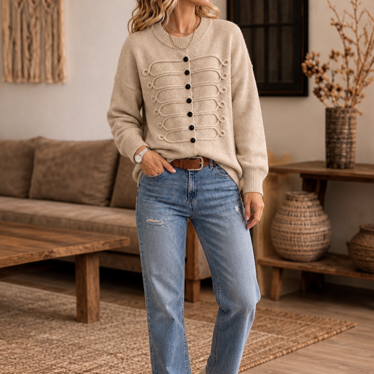 Braided Cord Button-Front Knit Sweater