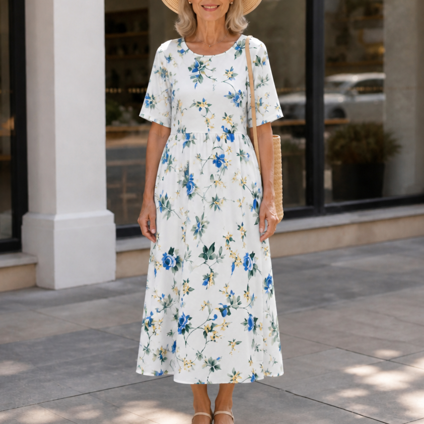 Floral Print Round-Neck Midi Dress
