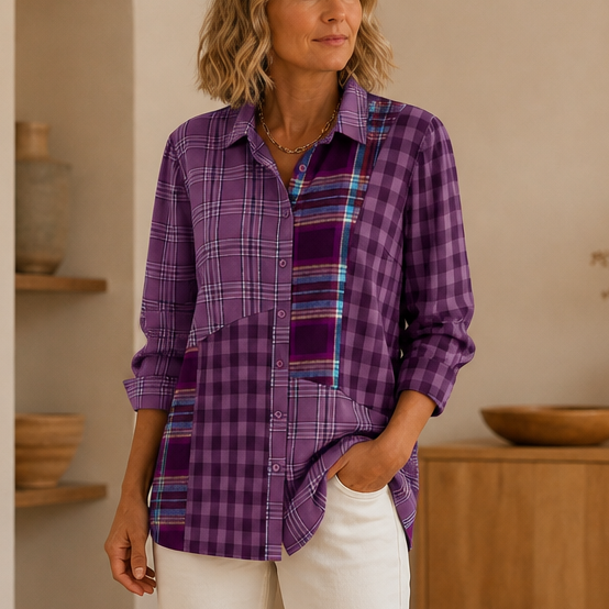 Color-Block Patchwork Plaid Button-Up Shirt