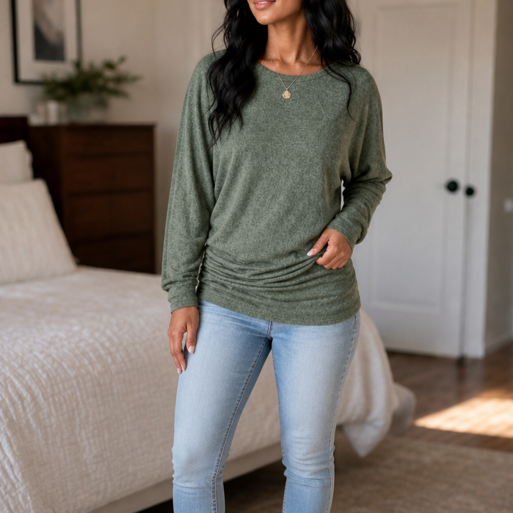 Side-Ruched Batwing Knit Sweater