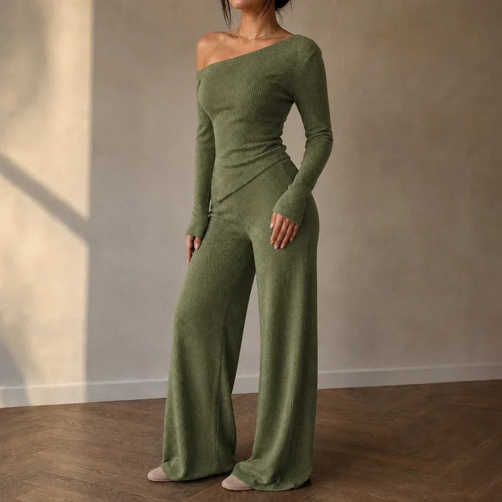 Off-Shoulder Long-Sleeve Wide-Leg Pants Set