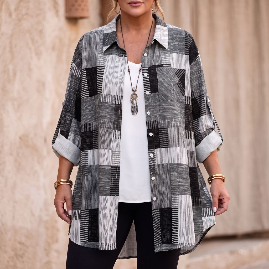 Colorful Patchwork Plaid Button-Up Shirt