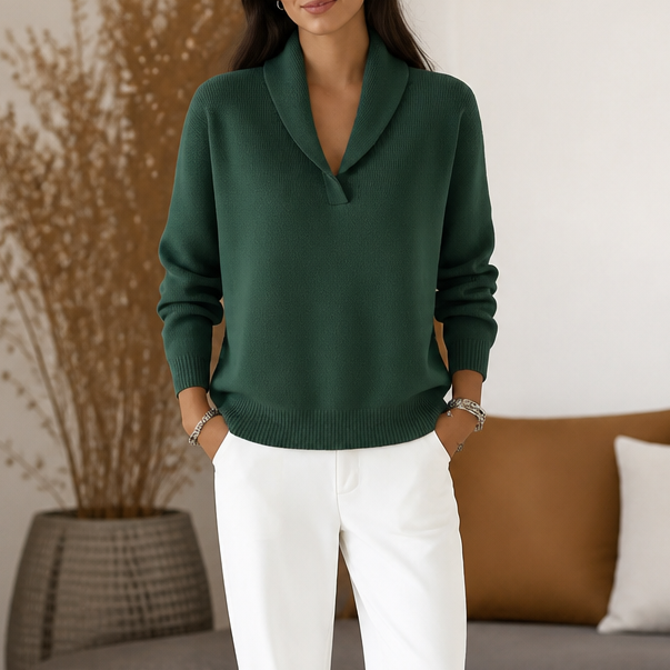 Draped Shawl-Collar V-Neck Sweater
