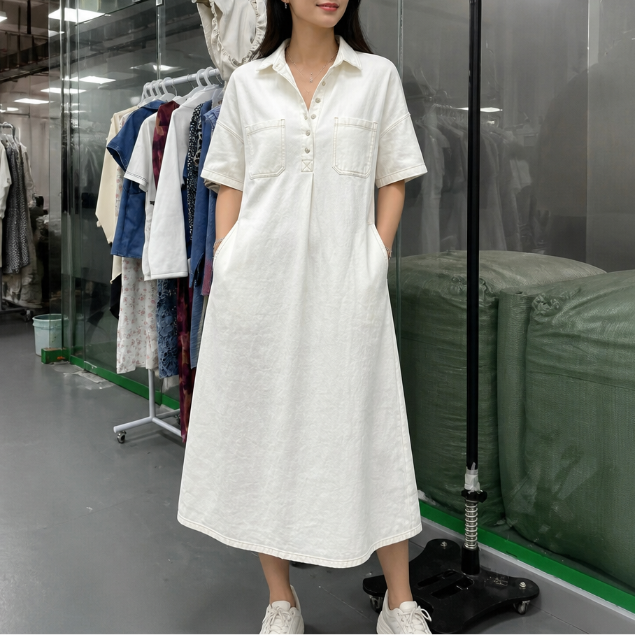 Pocketed Shirt Collar Denim Midi Dress