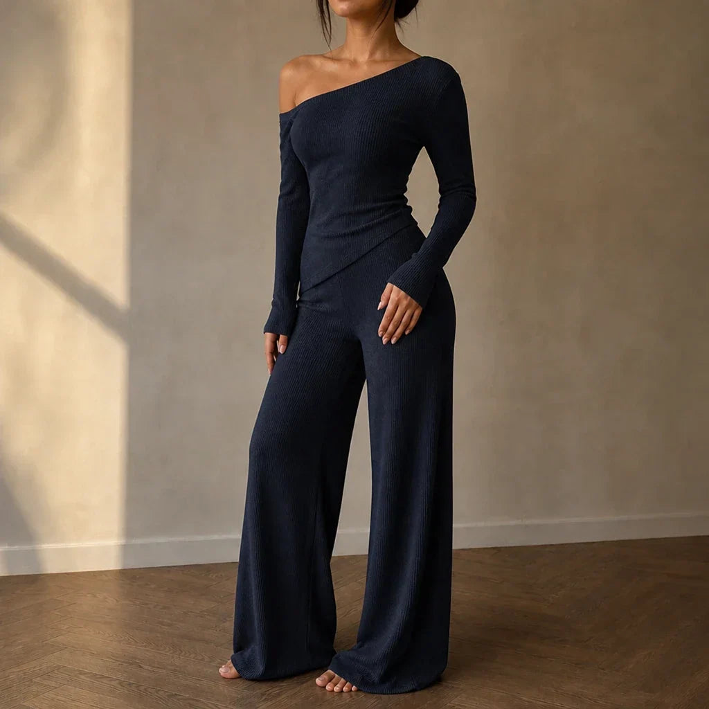 Off-Shoulder Long-Sleeve Wide-Leg Pants Set