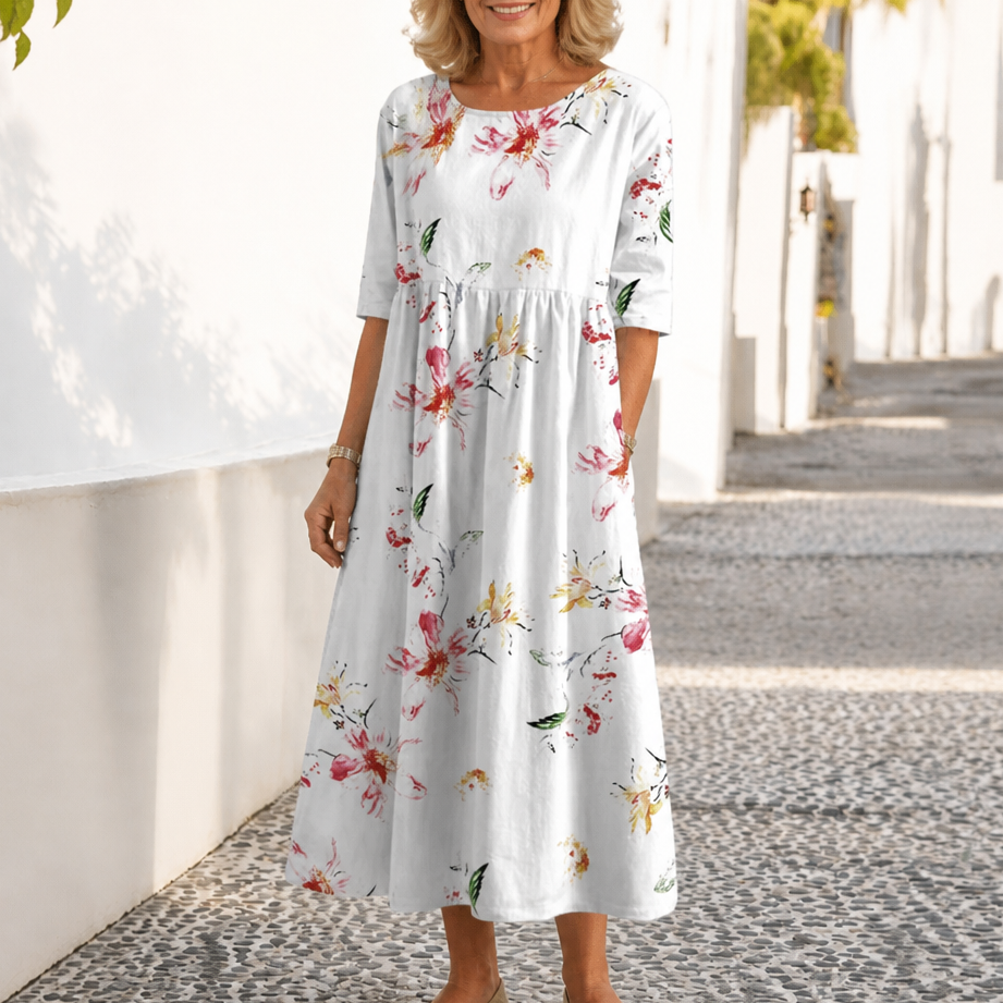 Floral Print Round-Neck Midi Dress
