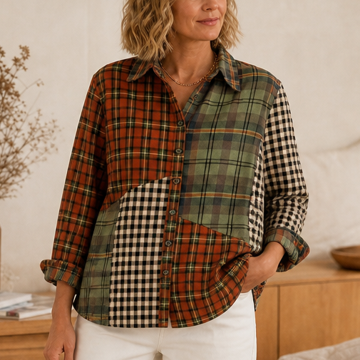 Color-Block Patchwork Plaid Button-Up Shirt