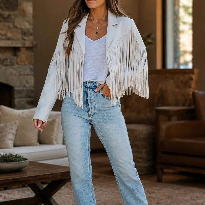 Laser-Cut Fringe Cropped Moto Jacket
