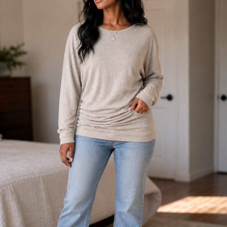 Side-Ruched Batwing Knit Sweater