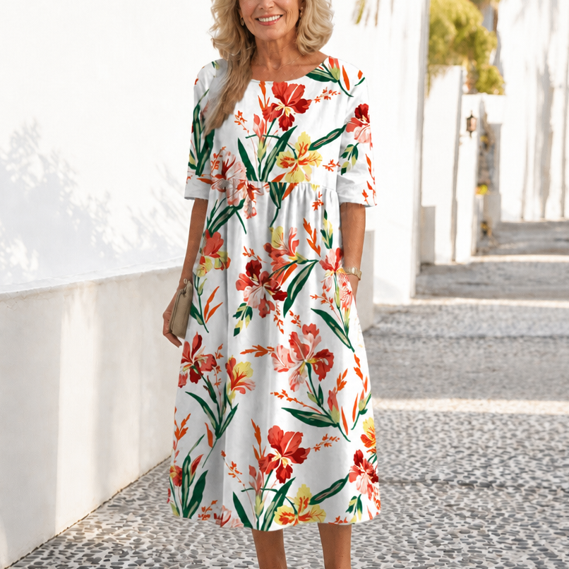 Floral Print Round-Neck Midi Dress