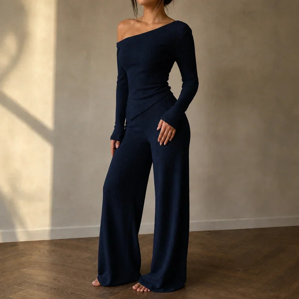 Off-Shoulder Long-Sleeve Wide-Leg Pants Set