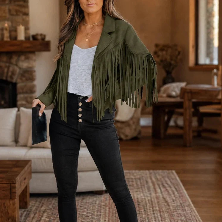 Laser-Cut Fringe Cropped Moto Jacket