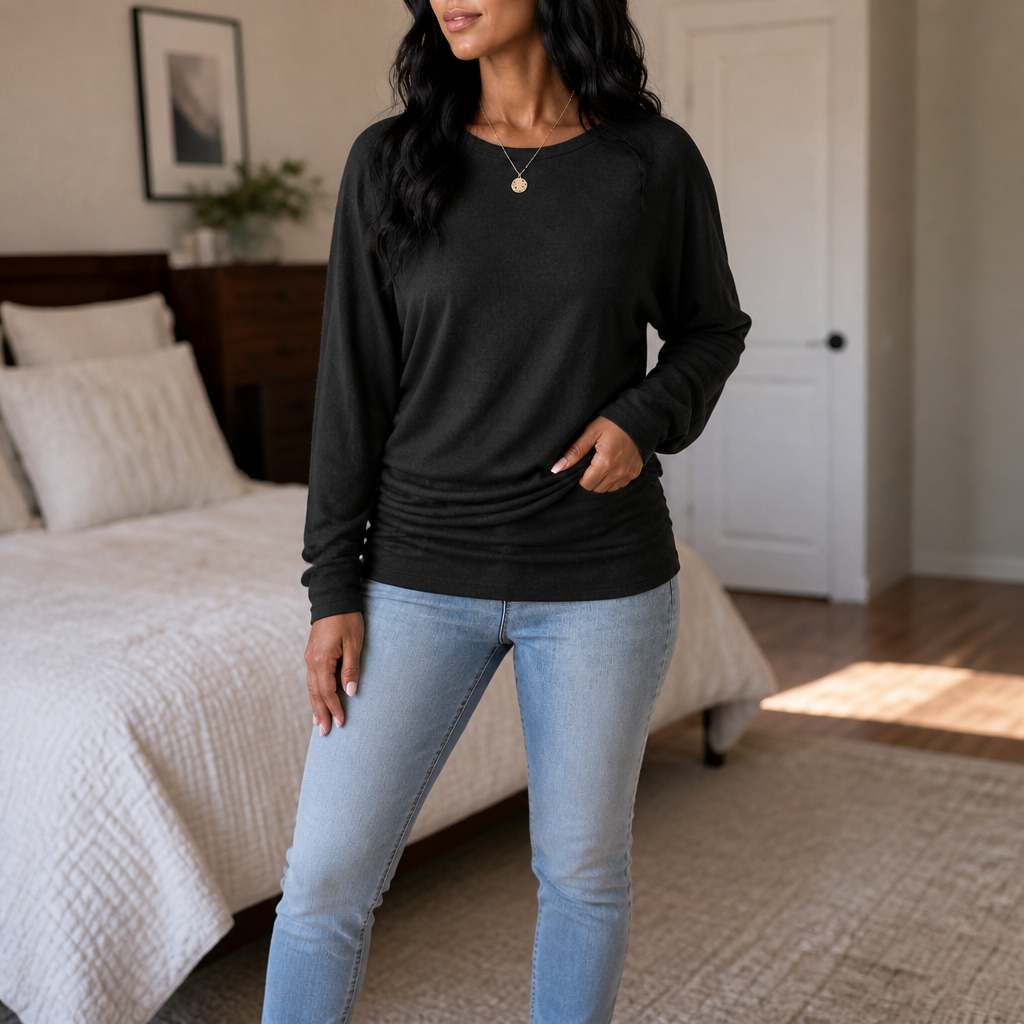 Side-Ruched Batwing Knit Sweater