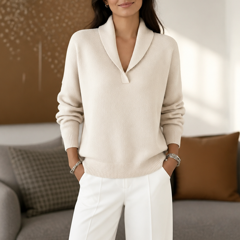 Draped Shawl-Collar V-Neck Sweater