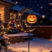 Halloween Solar Lights Outdoor Waterproof, Moon Black Cat Garden Stakes with 2 Hanging Pumpkin Lanterns, Decorative Metal Pathway Lights for Yard Patio Porch Pathway Decor, Spooky Landscape Lighting