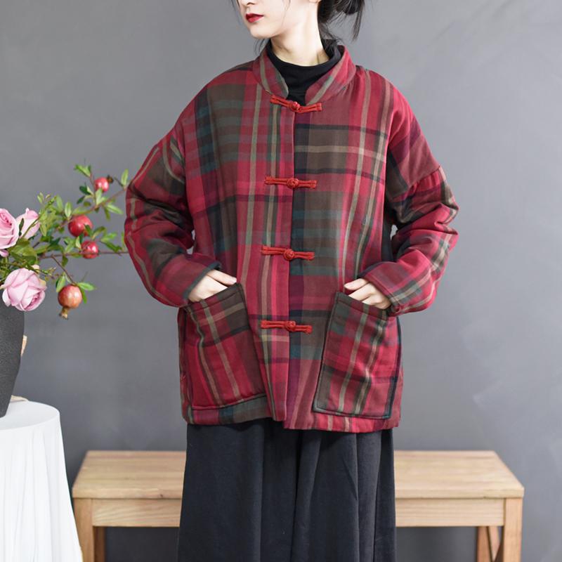 Winter Retro Loose Red Plaid Cotton Linen Coat
