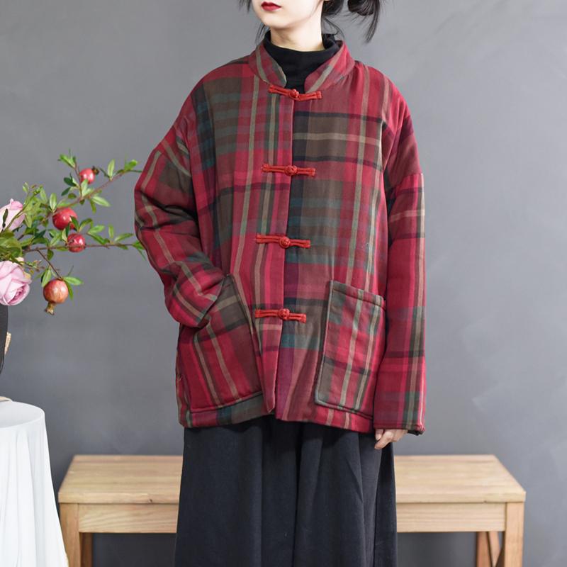 Winter Retro Loose Red Plaid Cotton Linen Coat