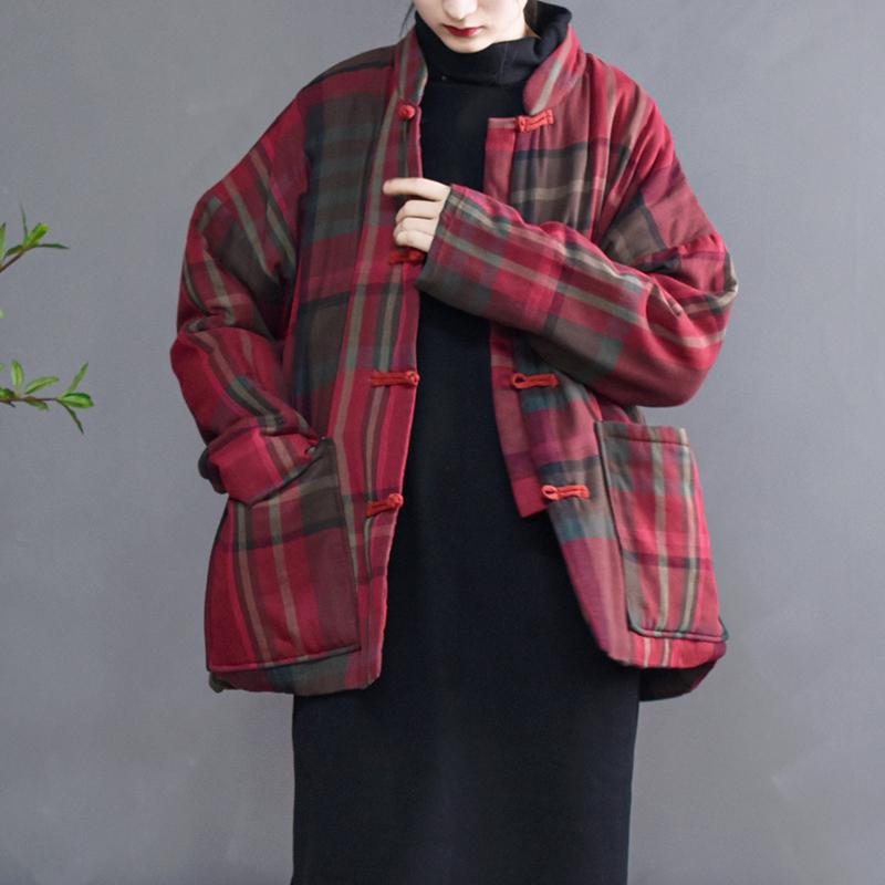Winter Retro Loose Red Plaid Cotton Linen Coat